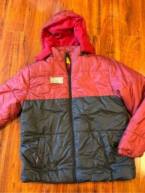 Men's Two-Tone Red and Black Puffer Jacket with Hood